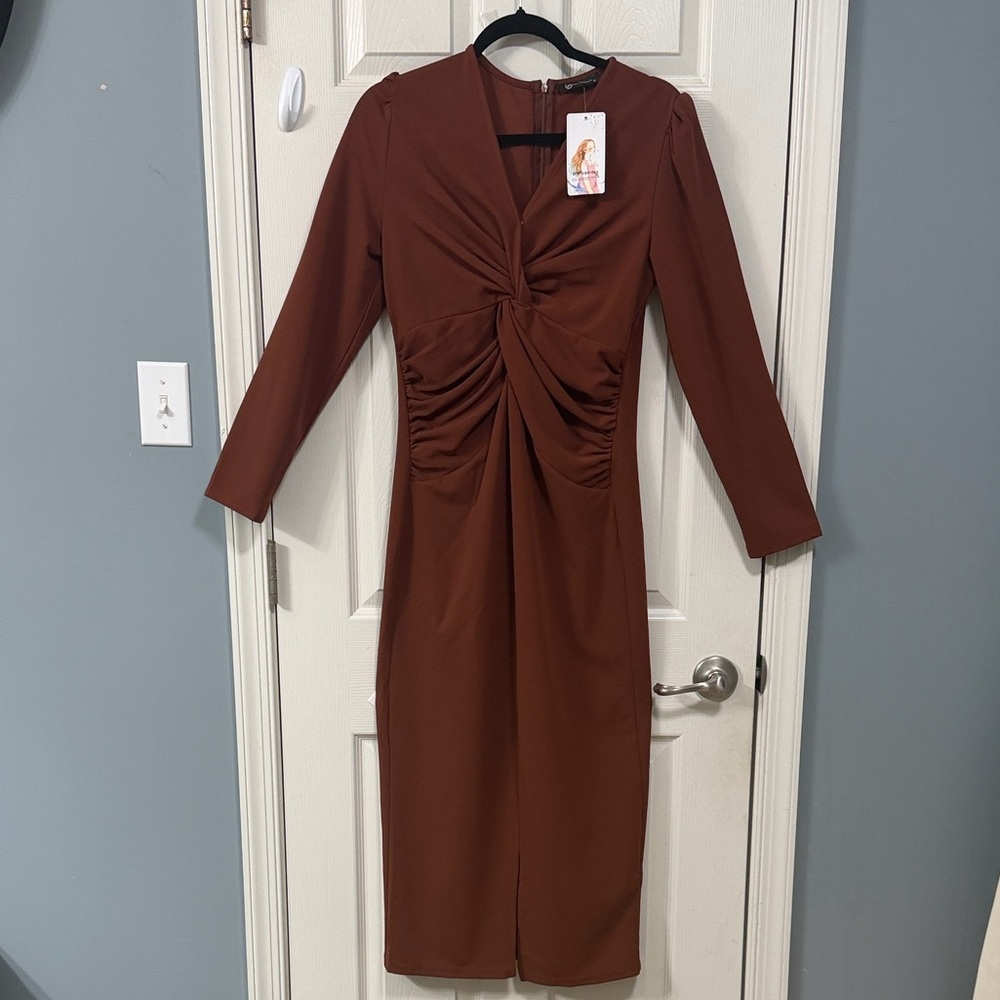 New PrettyGarden Long Sleeve Brown Dress Elegant Wear Career Office Wear Luxury - Picture 4 of 15